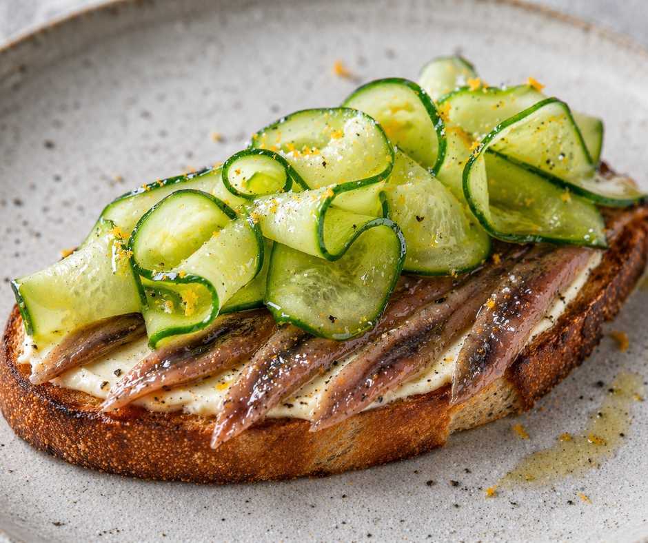  anchovies + cucumber ribbons + citrus finishing salt