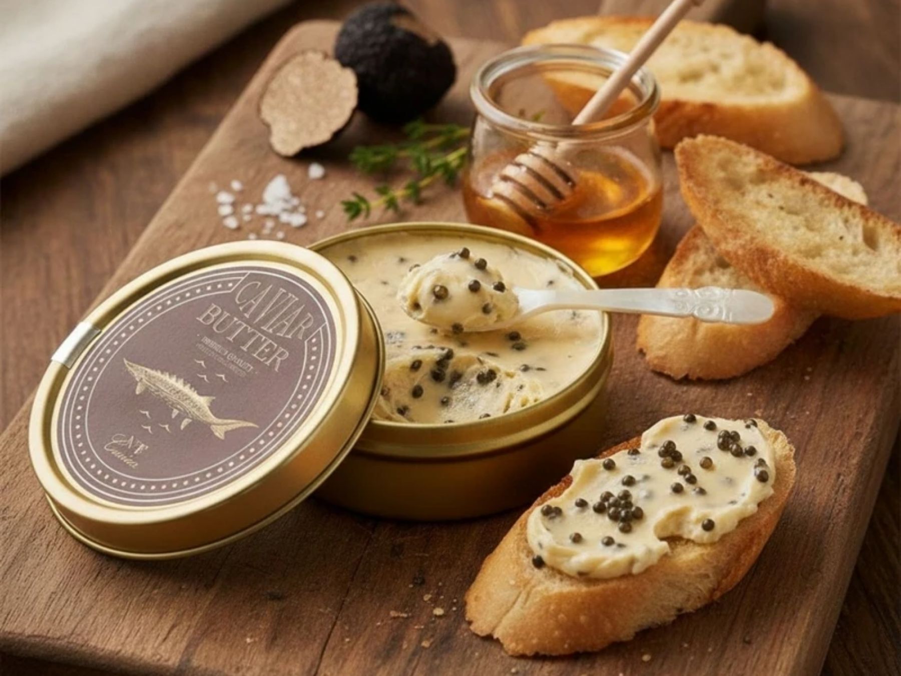 caviar truffle honey butter on a baguette