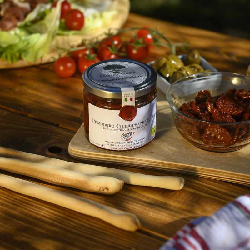 dry cherry tomatoes container on a table