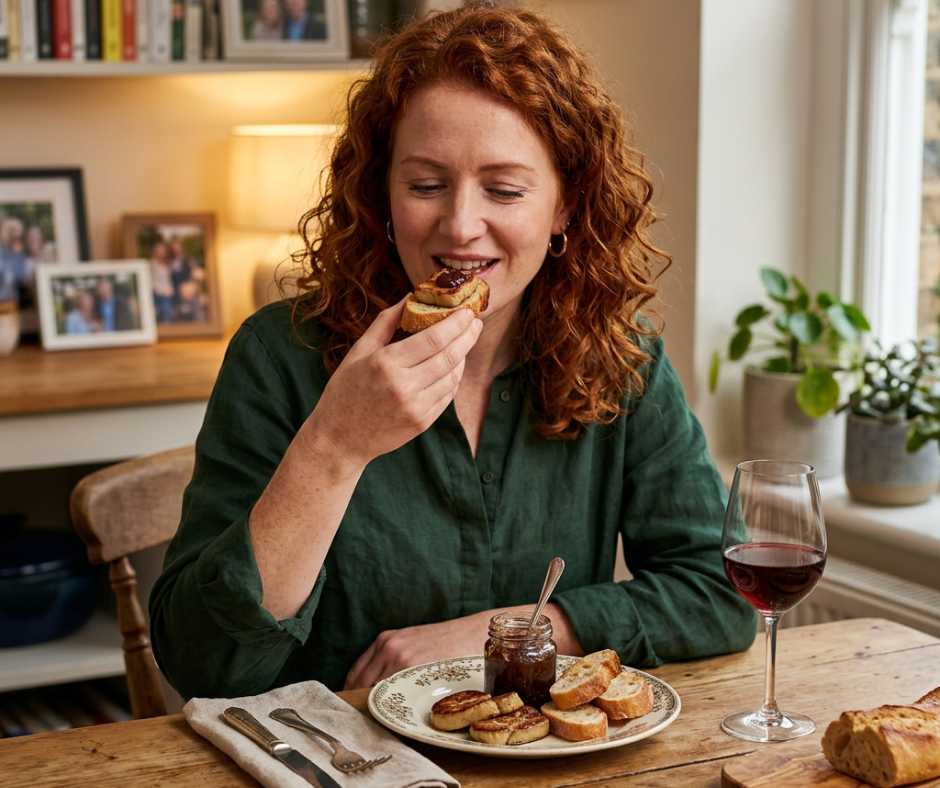 Mother eating Foie grass service