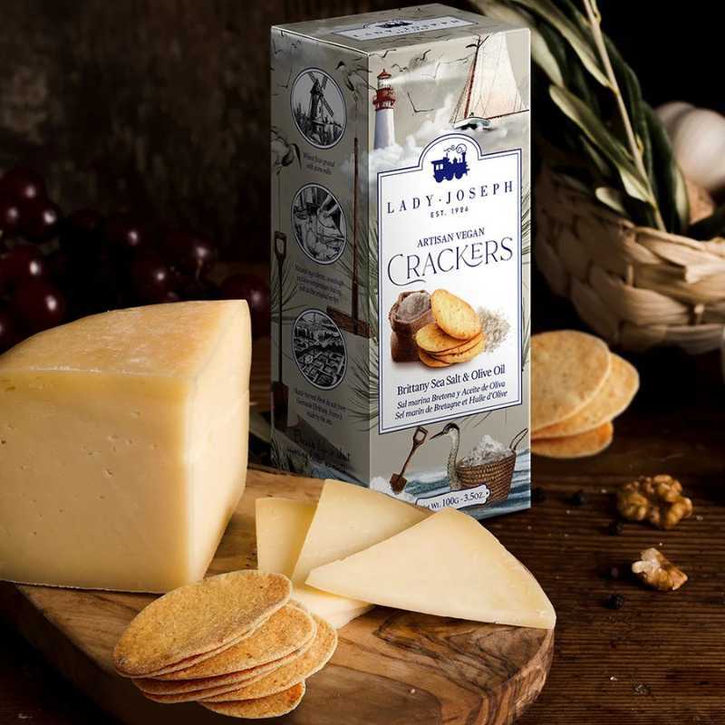 sea salt crackers with cheese on a table