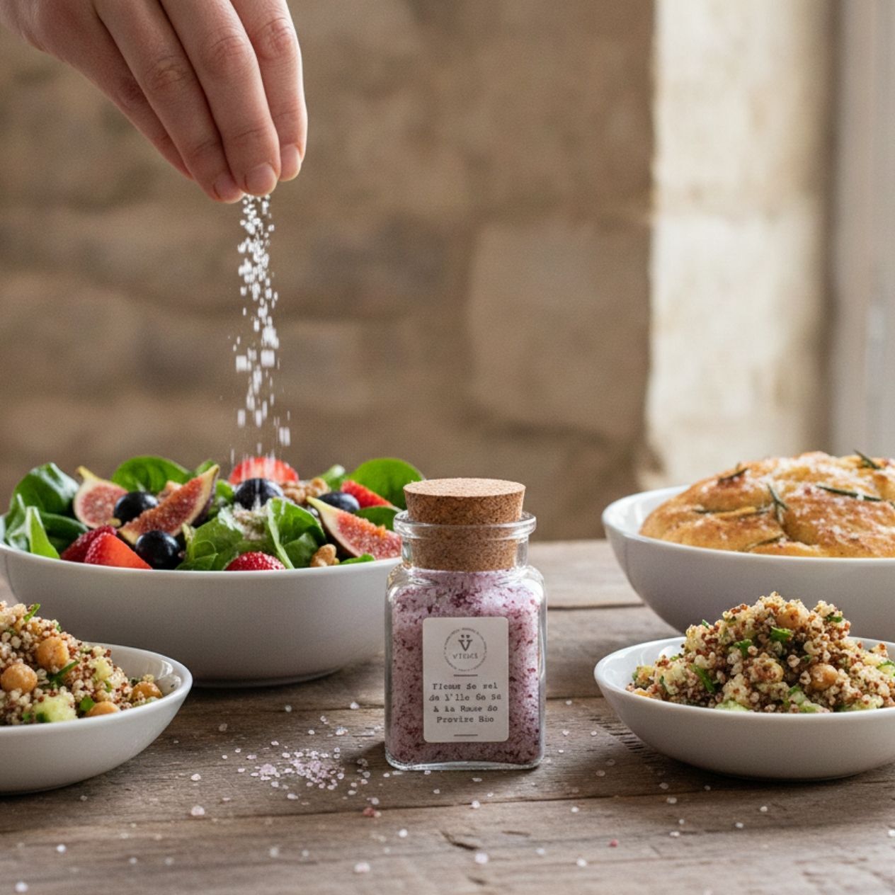 vinzu fleur de sel being sprinkle over salad